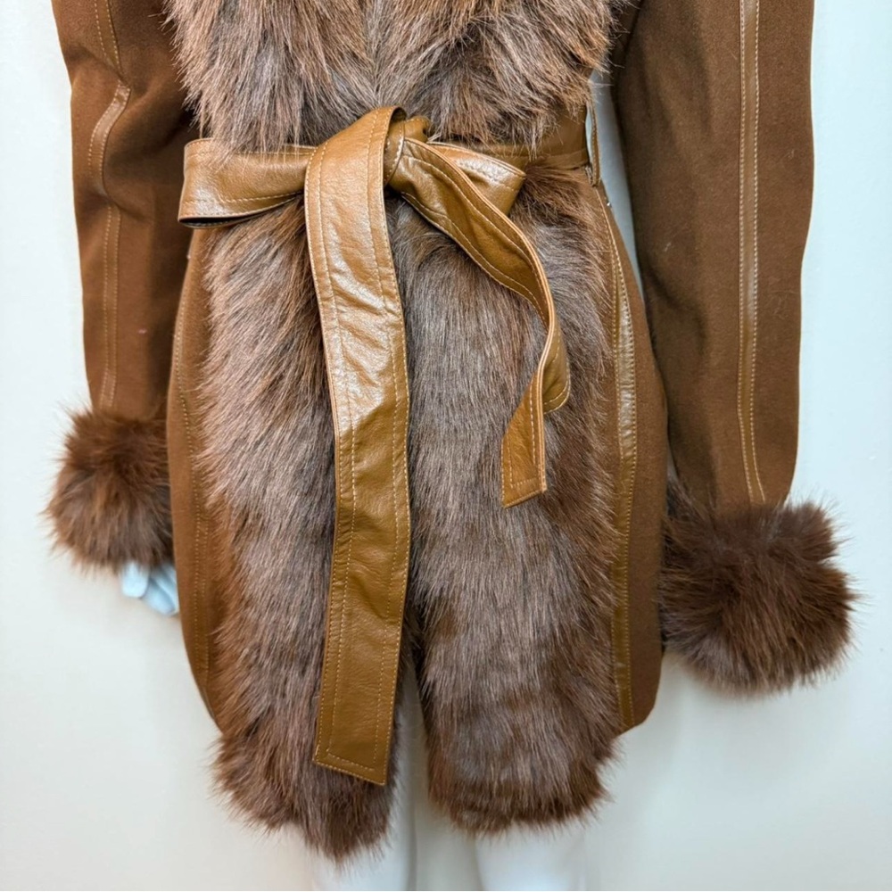 Brown faux fur belted hooded pea coat with faux leather trims - Picture 5 of 11